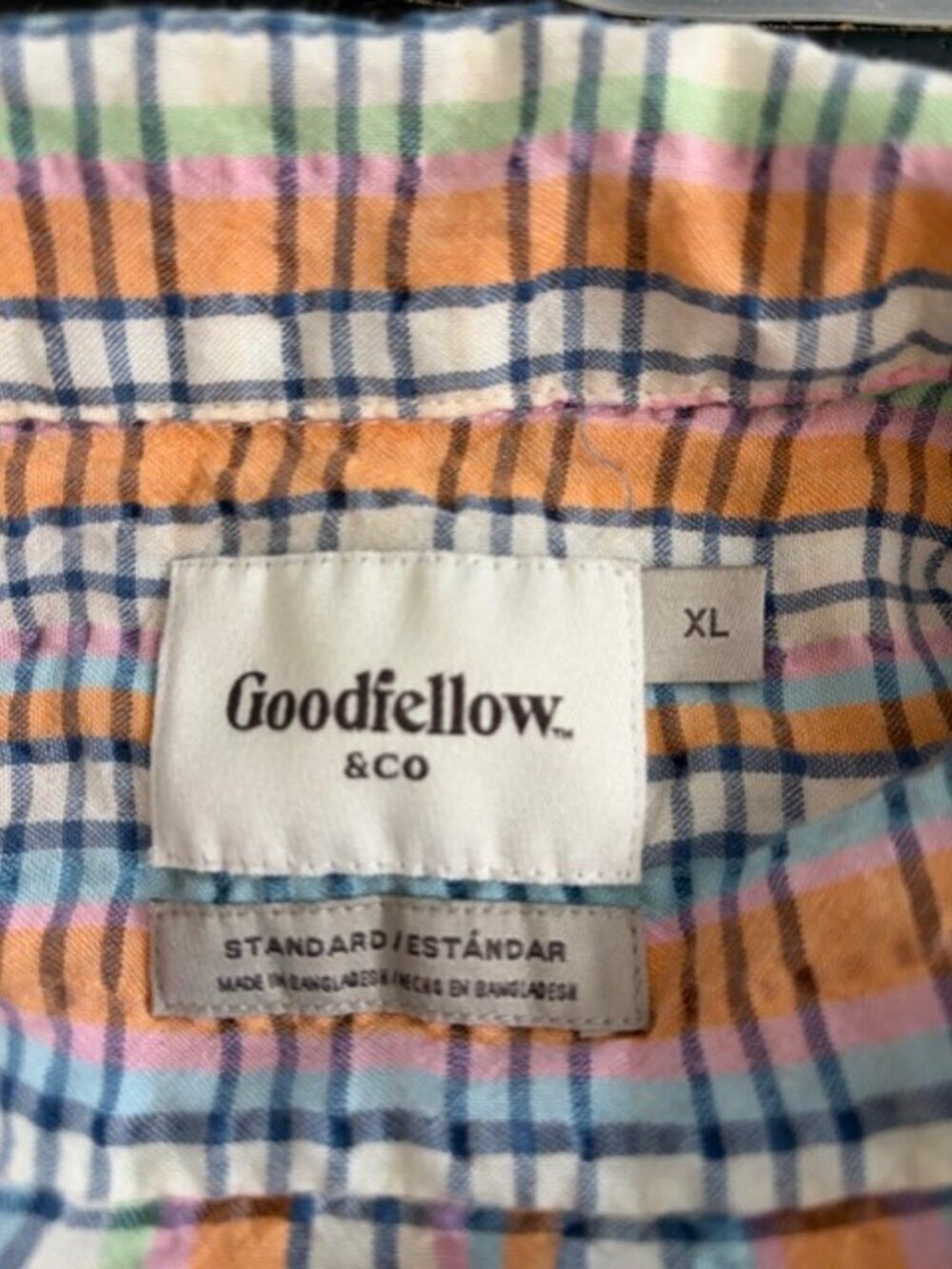Goodfellow Short Sleeve Button-Up Plaid Camp Shirt Blue Peach Recycled Men's XL - Picture 5 of 5